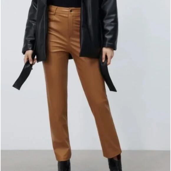 NWT Zara Faux Leather Mom Fit Pants Tan High Waist Straight Leg Size 4 - Picture 1 of 11